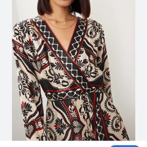 FARM Rio Passion Silk Wrap Mini Dress - Black, Cream & Red